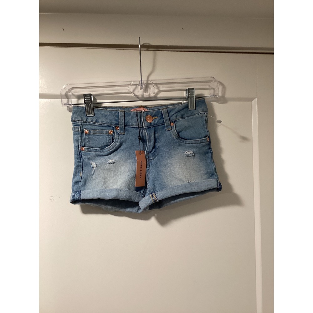 BCBG Girls Light Wash Distressed Cuffed Denim Shorts Size 8 Rose Gold Hardware